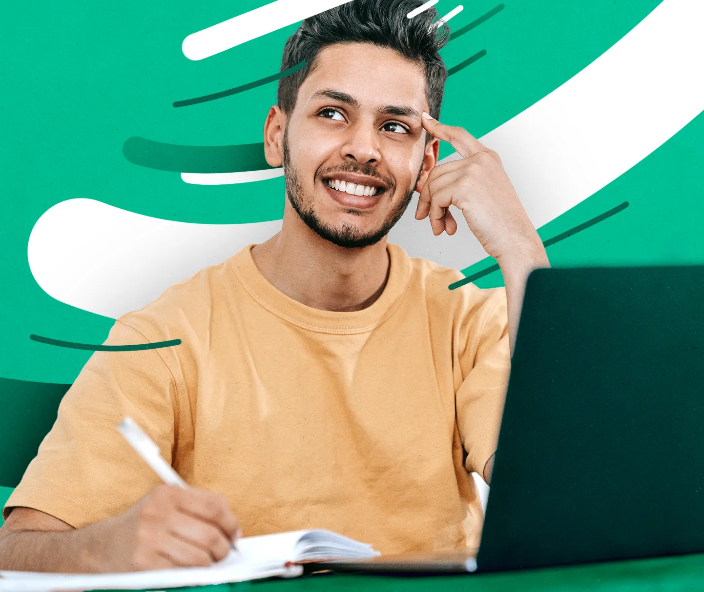 a dude thinking of a safe agreement and agreewe graphics integrated on the picture
