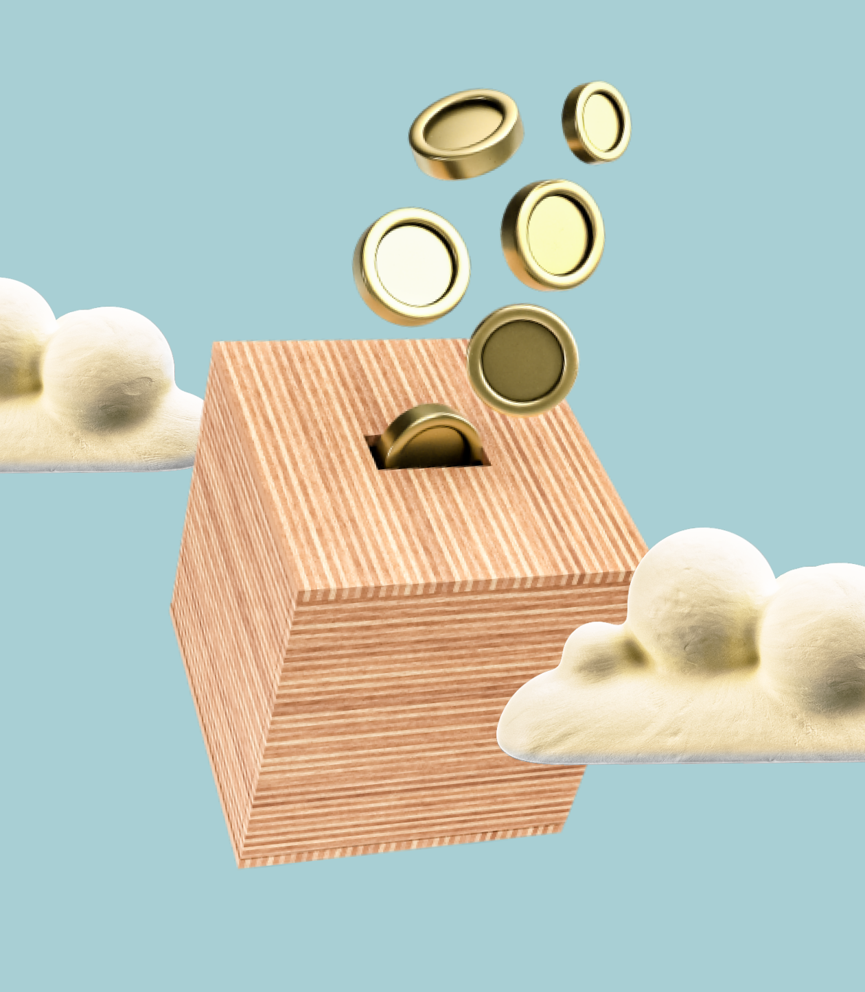 3D clay rendering and post-produced image of a Saft agreement with a woodbox spitting gold coins on clouds.